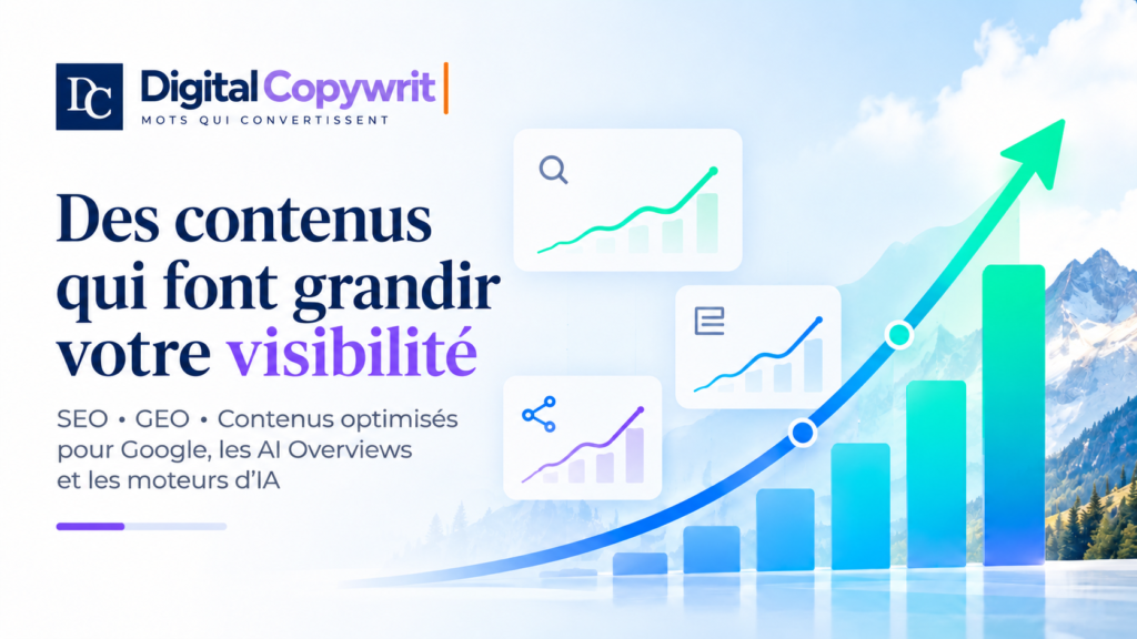 Graphique de croissance illustrant la progression de la visibilité grâce aux contenus SEO et GEO de Digital Copywrit.