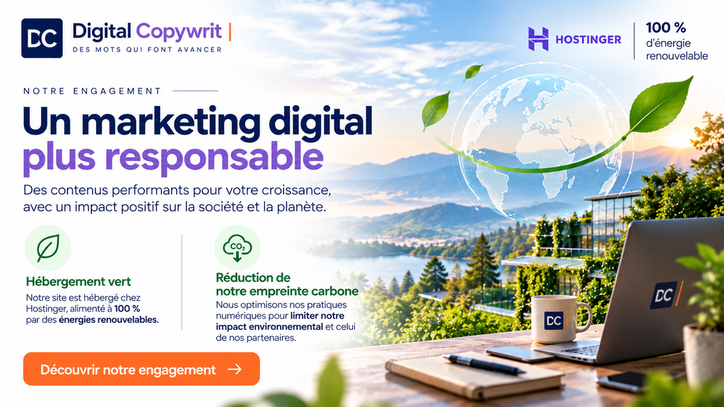Engagement écoresponsable de Digital Copywrit : hébergement alimenté par des énergies renouvelables et réduction de l’empreinte carbone numérique.