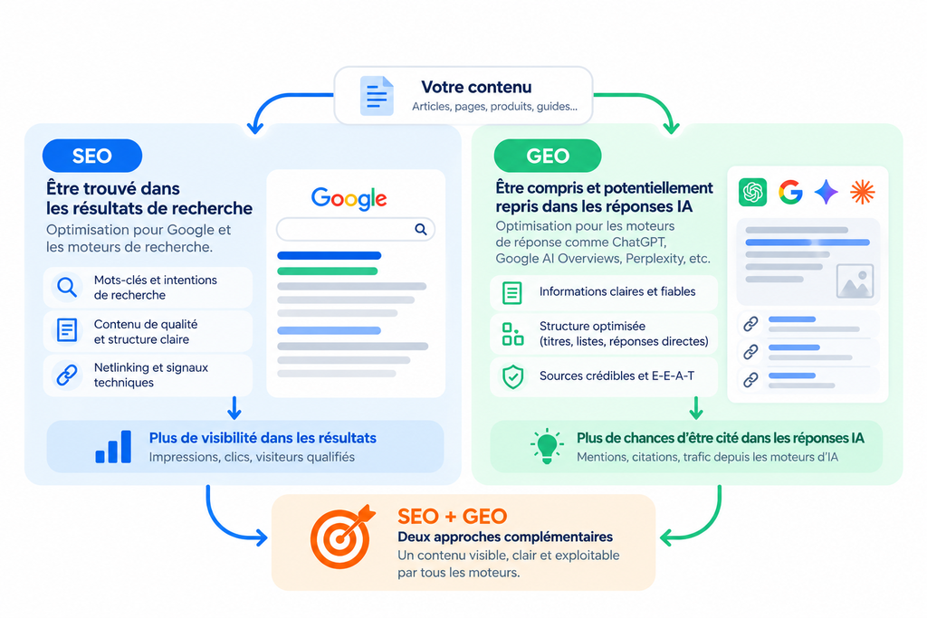 Schéma comparatif SEO et GEO : le SEO améliore la visibilité dans les résultats Google, tandis que le GEO aide les contenus à être compris et potentiellement cités par les moteurs d’IA.
