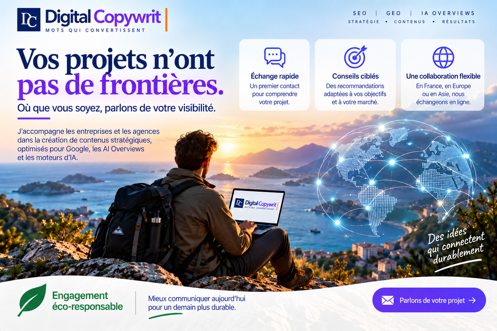 llustration Digital Copywrit : entrepreneur travaillant face à la mer, avec un globe connecté évoquant une collaboration à distance sur la visibilité SEO et GEO.