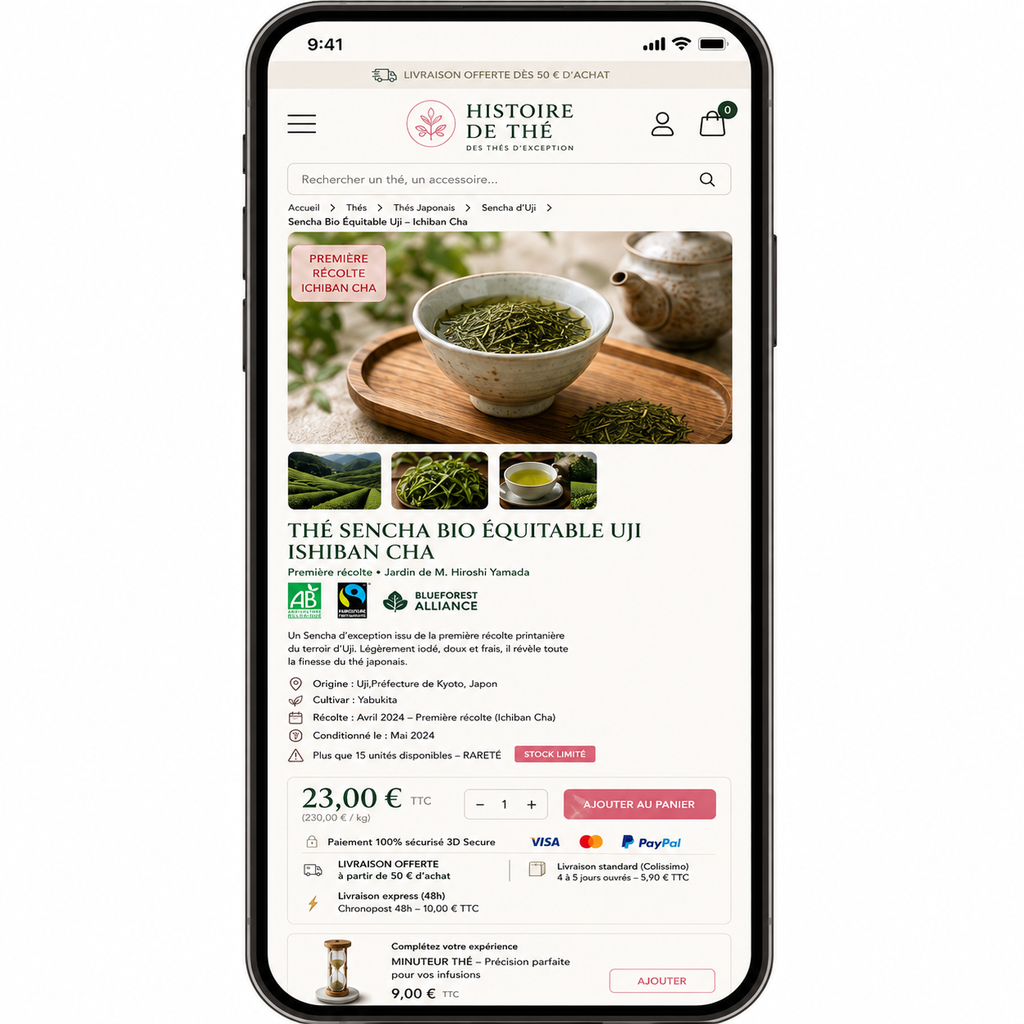 Version mobile de la page produit Sencha d’Uji Ichiban Cha sur Histoire de Thé