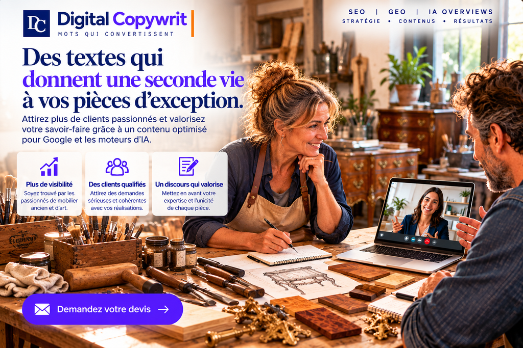Restauratrice de mobilier ancien échangeant sur un devis de contenu SEO et GEO dans son atelier d’ébénisterie