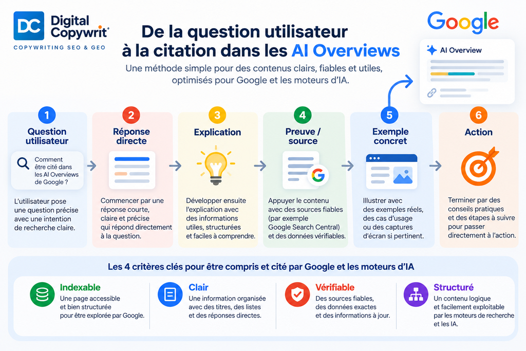Schéma d’optimisation d’un contenu pour Google AI Overviews avec SEO et GEO