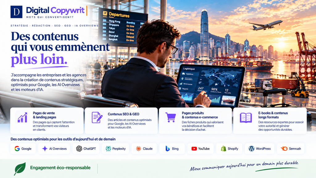 lustration des offres de copywriting SEO GEO pour Google, AI Overviews, e-commerce et contenus IA
