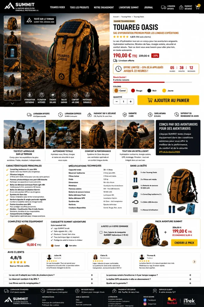 Page produit SUMMIT Touareg Oasis, sac d’hydratation premium pour trek et outdoor