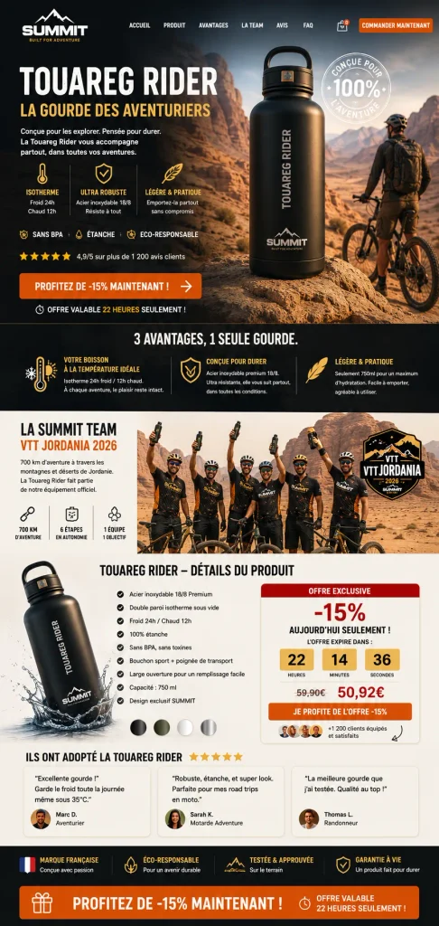 Landing page SUMMIT Touareg Rider, gourde outdoor pour trek et aventure