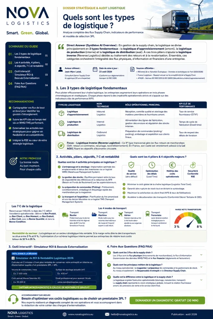 Guide stratégique NOVA Logistics sur les types de logistique, la supply chain, les KPI et l’externalisation 3PL