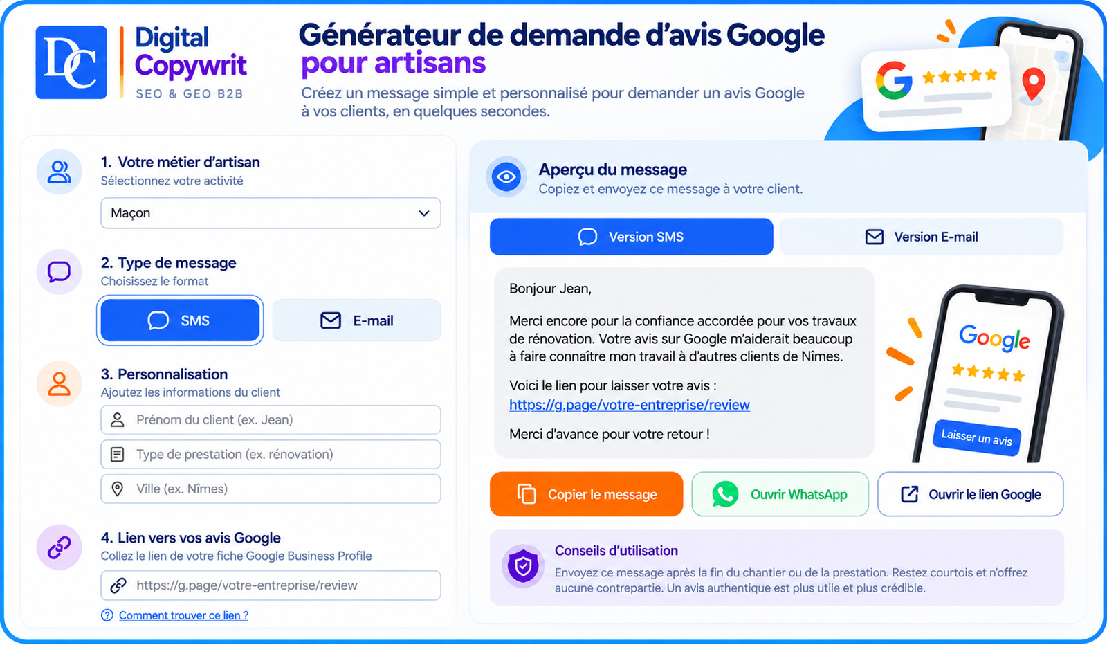 Illustration du générateur de demande d’avis Google pour artisans