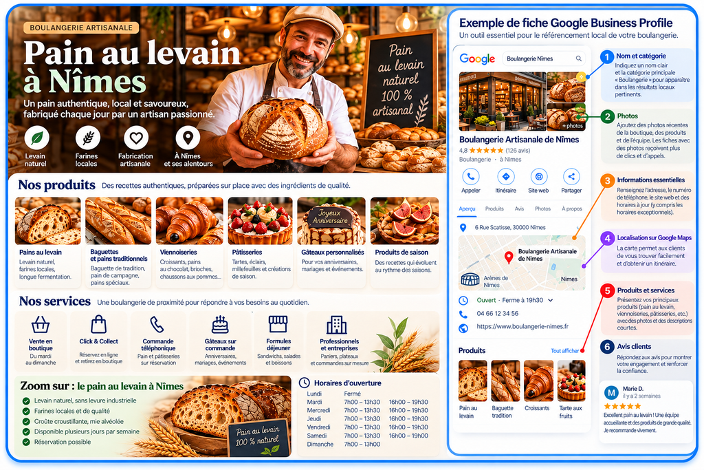 Guide du pain au levain à Nîmes avec produits, services, horaires et fiche Google Business Profile d’une boulangerie artisanale