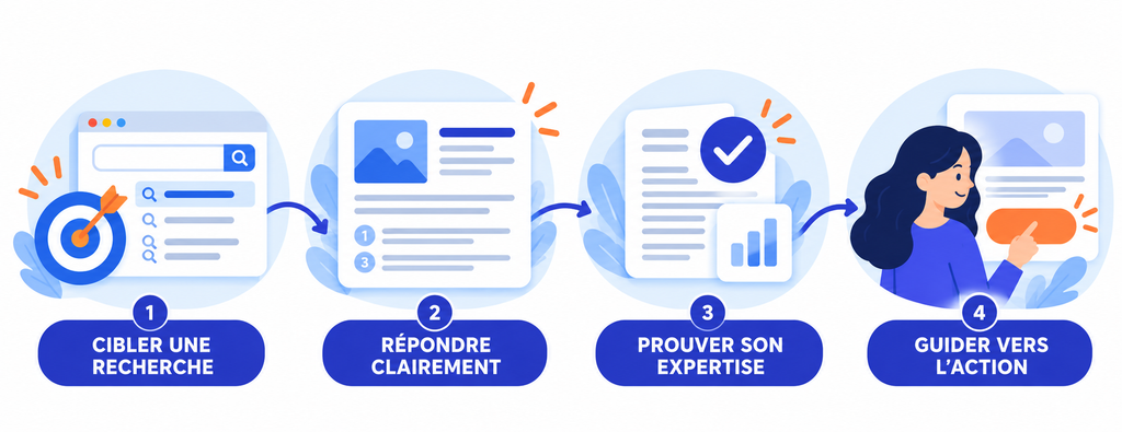 Schéma des quatre étapes pour combiner copywriting et SEO : cibler une recherche, répondre clairement, prouver son expertise et guider vers l’action.