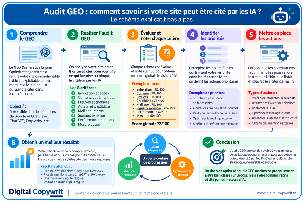 Schéma d’audit GEO en 6 étapes : indexation, contenu, preuves, crédibilité, maillage, performance et mesure de la visibilité dans les moteurs IA.