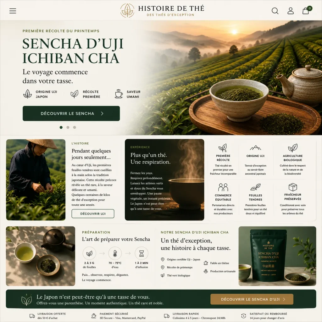 Landing page Histoire de Thé présentant une offre de thé premium et son univers de marque