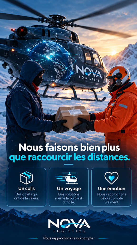 Livraison d’un colis en zone polaire entre deux agents, devant un hélicoptère NOVA Logistics illustré d’un globe terrestre connecté.