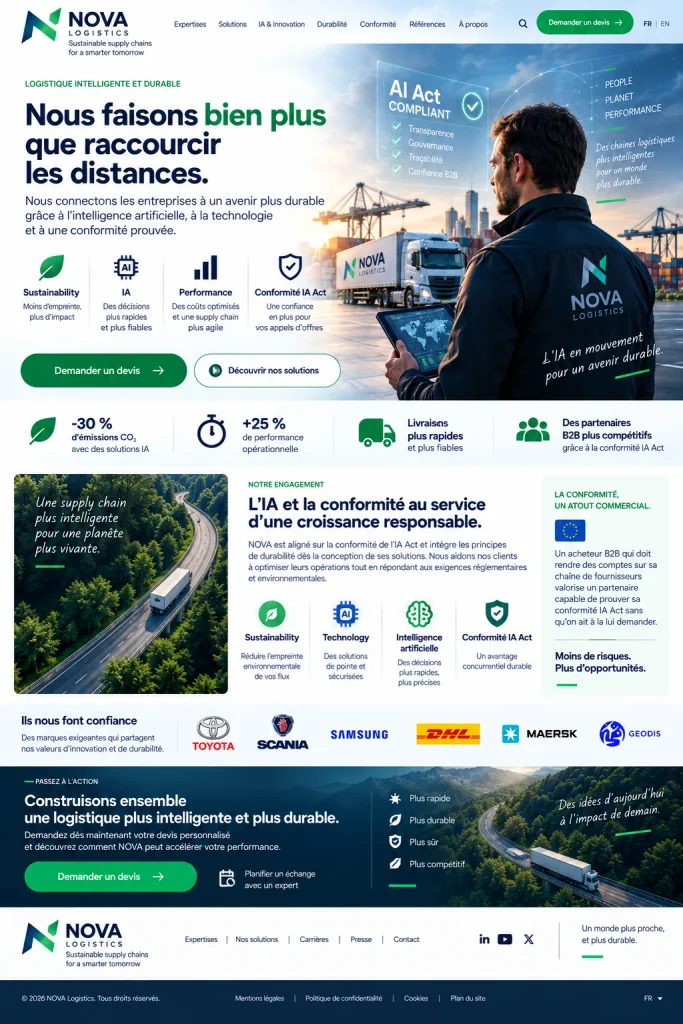 Landing page NOVA Logistics sur l’IA, la logistique durable et la conformité AI Act