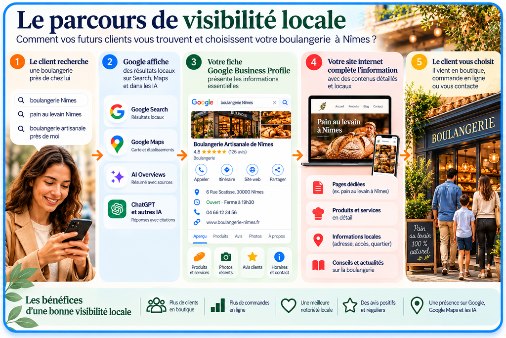 Parcours de visibilité locale d’une boulangerie sur Google, Google Maps, fiche Google Business Profile et moteurs IA