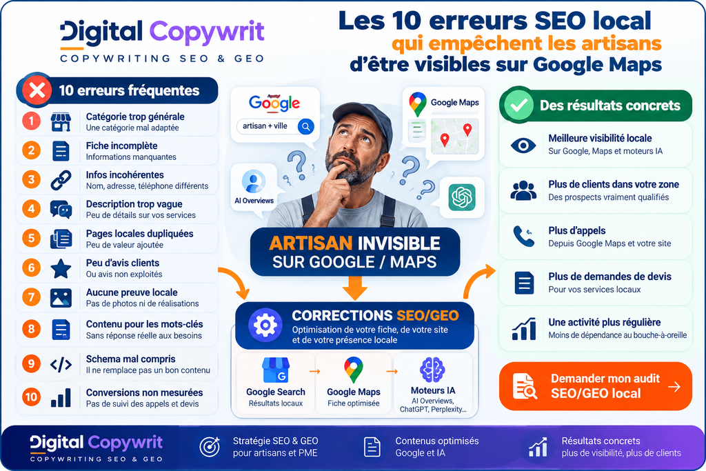 Schéma des 10 erreurs SEO local qui réduisent la visibilité d’un artisan sur Google Maps et les moteurs IA