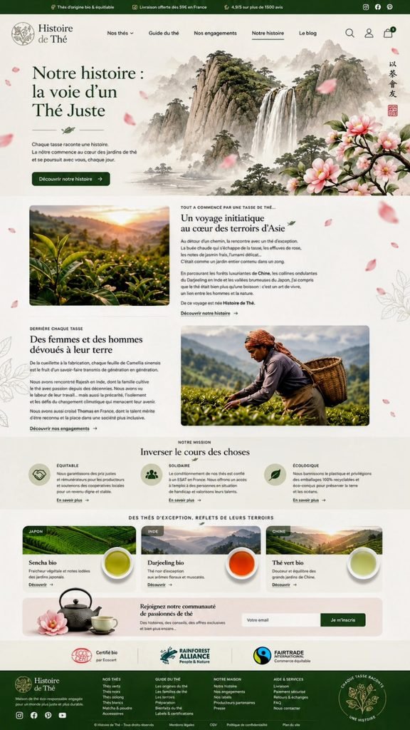 Page Notre histoire de la marque Histoire de Thé avec terroirs d’Asie, producteurs et engagement écoresponsable