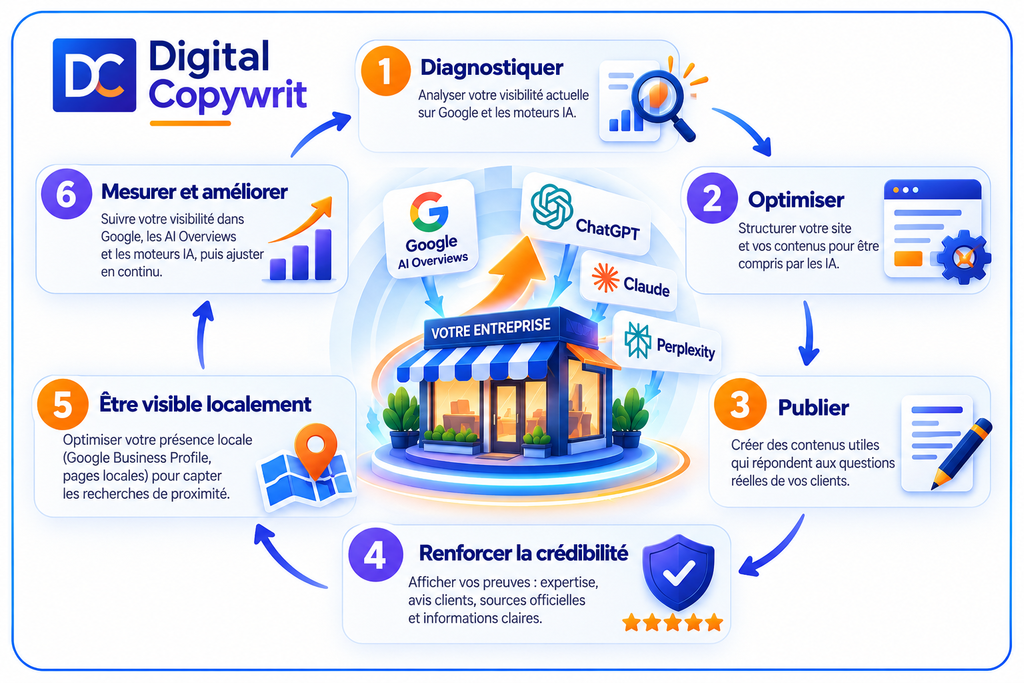 Schéma GEO pour PME en 6 étapes : diagnostic, optimisation, publication, crédibilité, visibilité locale et mesure des performances dans Google et les moteurs IA.