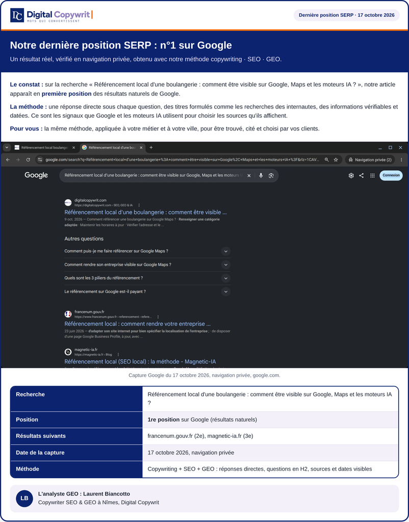 Capture des résultats Google montrant l'article de Digital Copywrit sur le référencement local d'une boulangerie en première position des résultats naturels. Méthode copywriting, SEO et GEO appliquée par Laurent Biancotto, copywriter SEO & GEO à Nîmes.