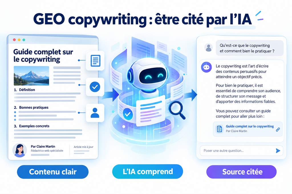 llustration du GEO copywriting : un contenu clair est compris par l’IA, qui cite l’article comme source dans sa réponse.