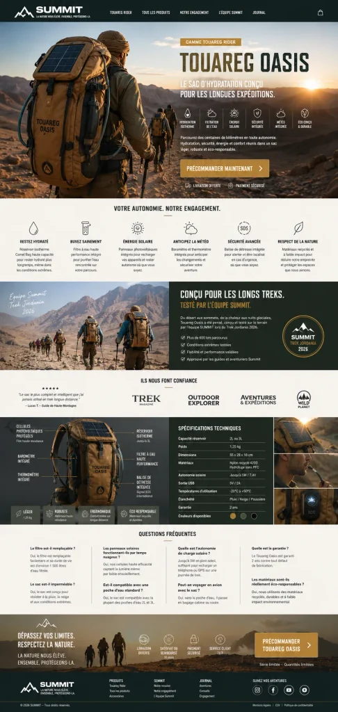 Landing page SUMMIT Touareg Oasis pour sac d’hydratation de trek et longues expéditions