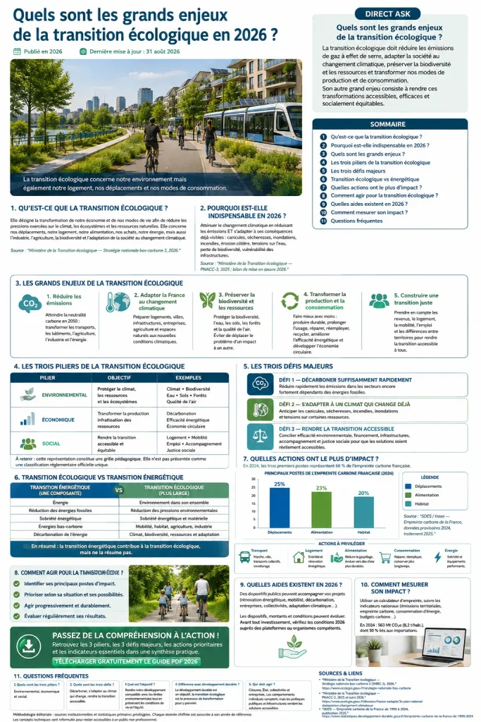 Guide sur les enjeux de la transition écologique en 2026, avec actions, aides et indicateurs