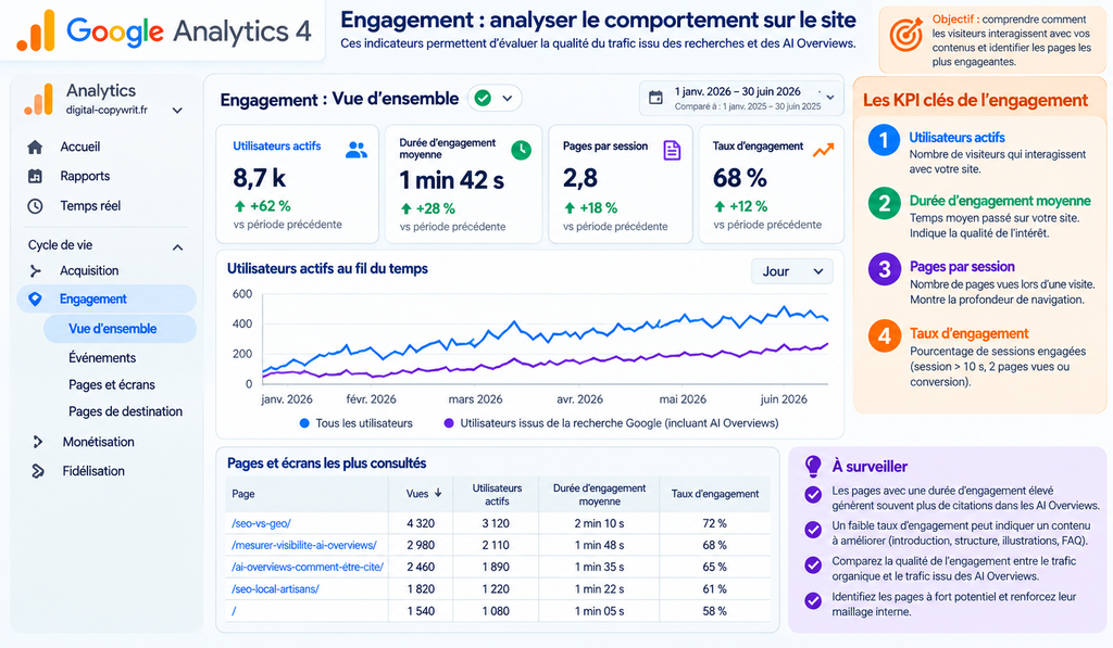 Tableau Google Analytics 4 présentant les KPI d’engagement à suivre : utilisateurs actifs, durée d’engagement moyenne, pages par session et taux d’engagement.