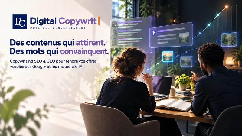 Copywriter SEO et GEO créant des contenus optimisés pour Google et les moteurs d'IA afin d'améliorer la visibilité et les conversions des entreprises.