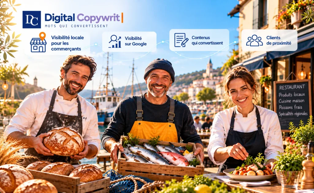 Artisans locaux réunissant un pêcheur, un cuisinier et un boulanger pour illustrer la visibilité locale et les contenus SEO GEO
