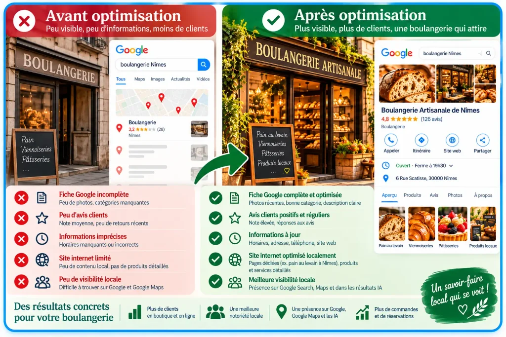 Avant et après optimisation du référencement local d’une boulangerie sur Google, Maps et les moteurs IA