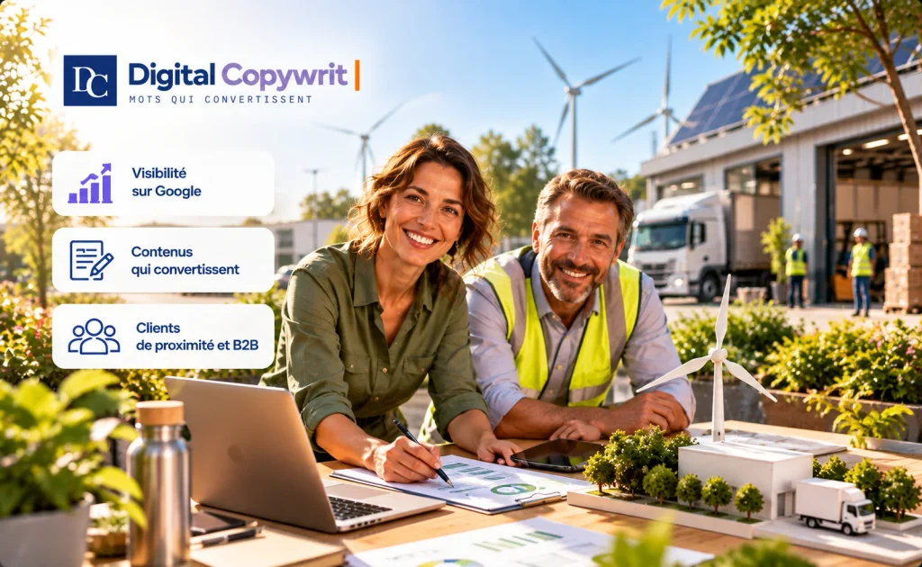 Professionnels B2B collaborant sur un projet SEO et GEO dans un environnement logistique durable