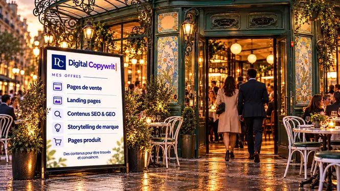 Façade de brasserie avec panneau Digital Copywrit présentant des offres de copywriting SEO et GEO, pages de vente, landing pages et contenus e-commerce