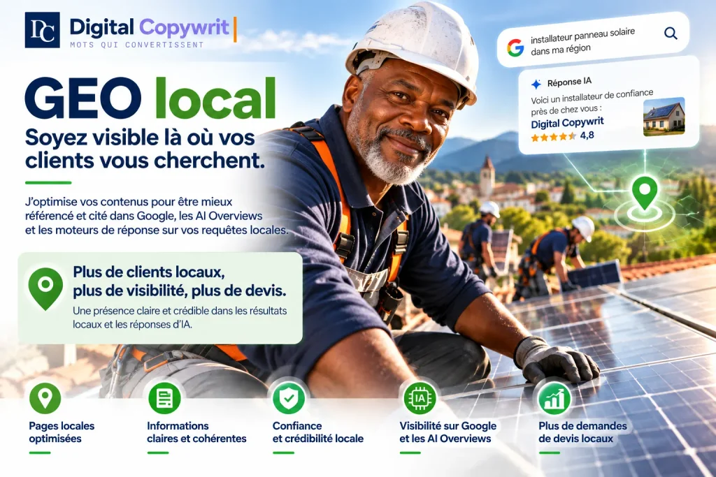 Artisan installateur de panneaux solaires illustrant une offre de GEO local pour améliorer la visibilité des artisans