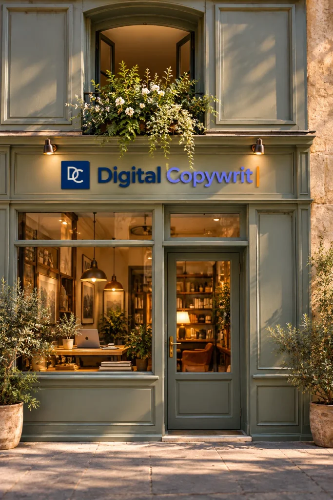 Façade de commerce Digital Copywrit avec enseigne, vitrine chaleureuse et identité visuelle de la marque