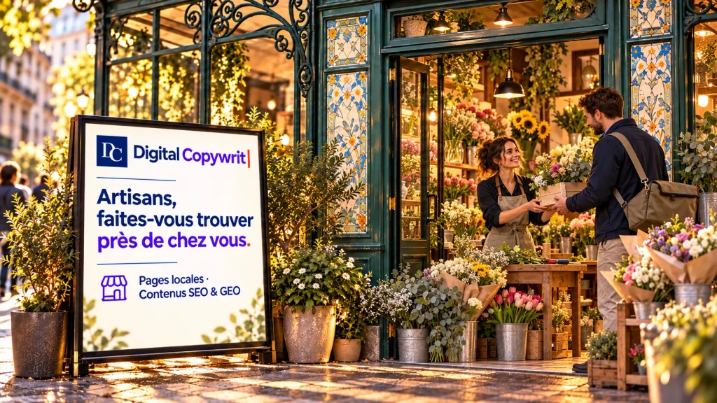 Fleuriste accueillant un client devant sa boutique, illustration de la visibilité locale pour artisans et commerces de proximité