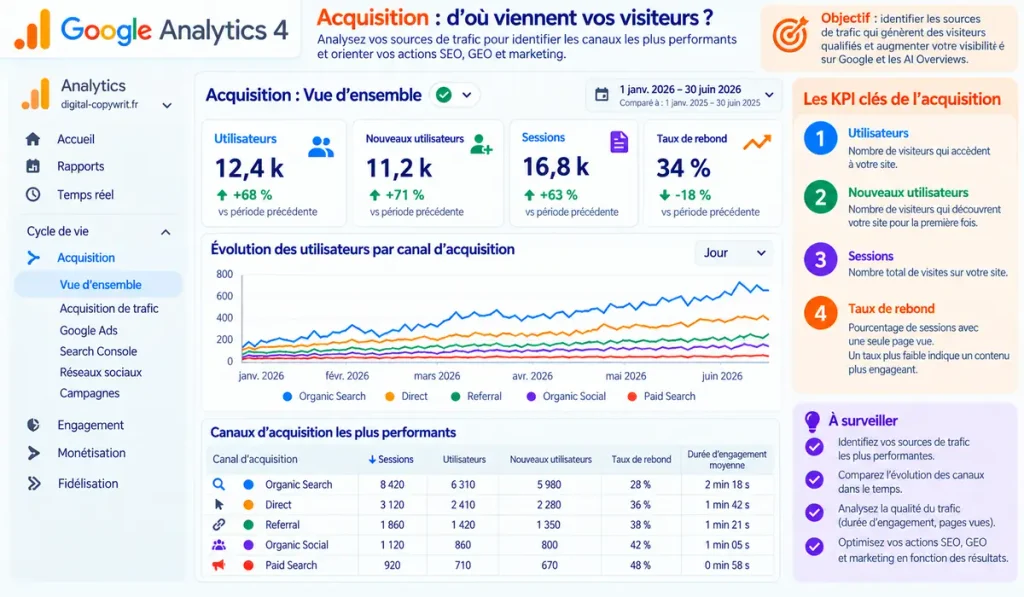 Tableau Google Analytics 4 présentant les KPI d’acquisition : utilisateurs, nouveaux utilisateurs, sessions, taux de rebond et principaux canaux de trafic.