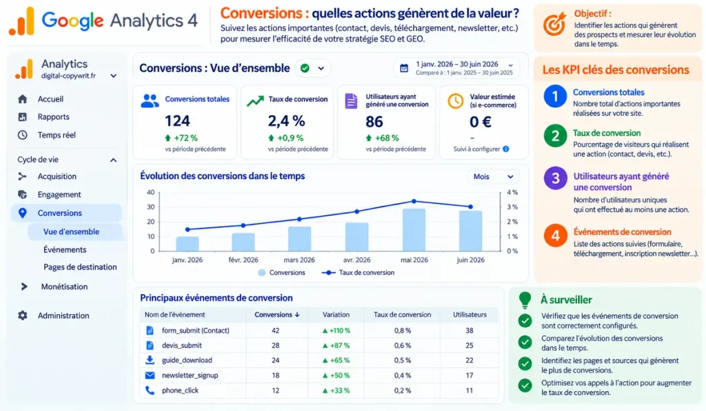 Tableau Google Analytics 4 présentant les KPI d’acquisition : utilisateurs, nouveaux utilisateurs, sessions, taux de rebond et principaux canaux de trafic.