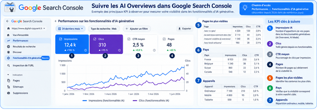 Tableau Google Search Console présentant les KPI essentiels pour mesurer la visibilité dans les AI Overviews : impressions, clics, CTR, pages, pays et appareils.