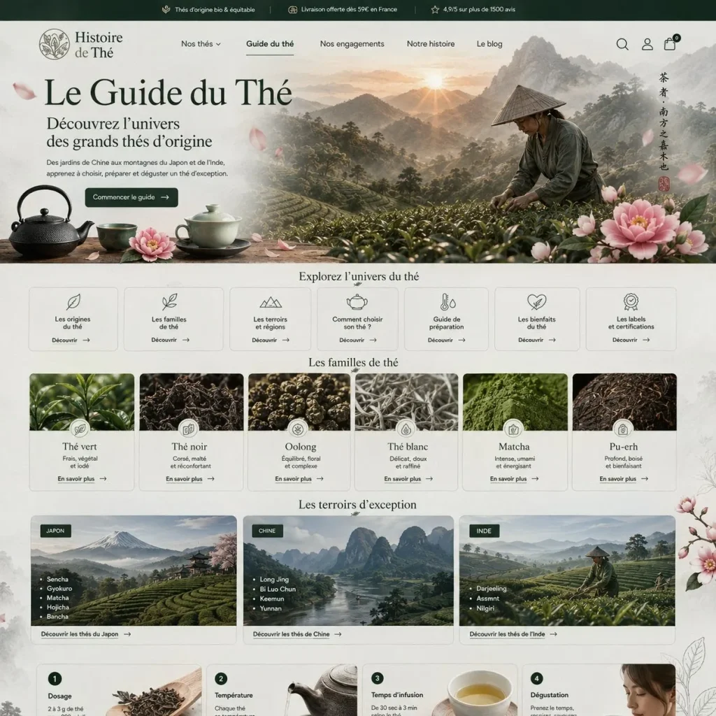 Guide du thé présentant les familles de thé, les terroirs du Japon, de Chine et d’Inde, ainsi que les méthodes de préparation