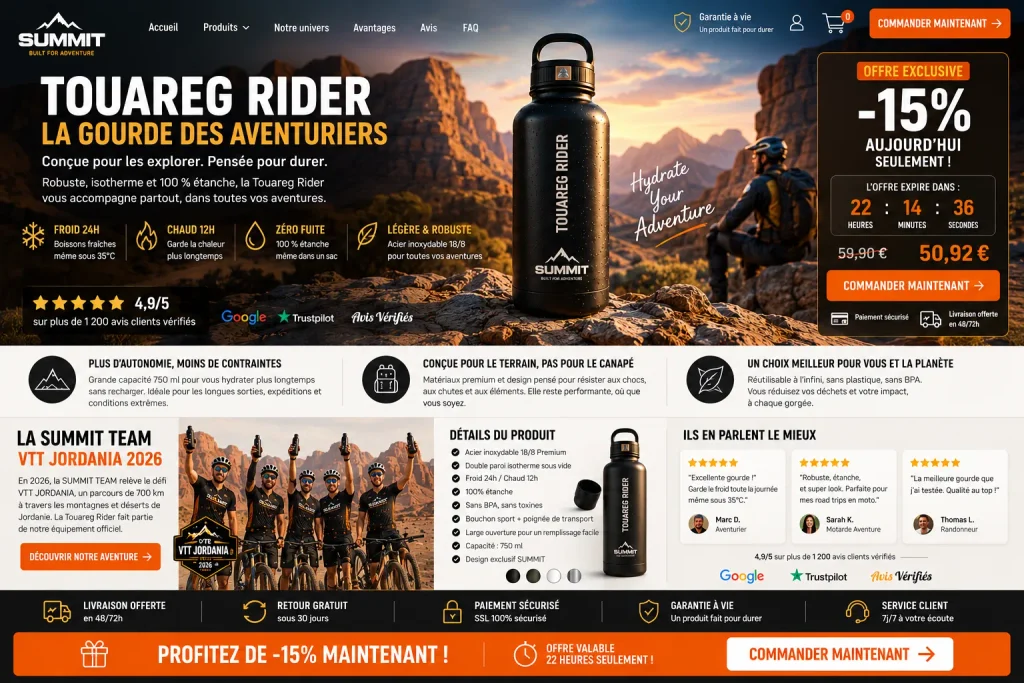 Landing page e-commerce Touareg Rider avec gourde outdoor isotherme, bénéfices produit, avis clients et offre promotionnelle