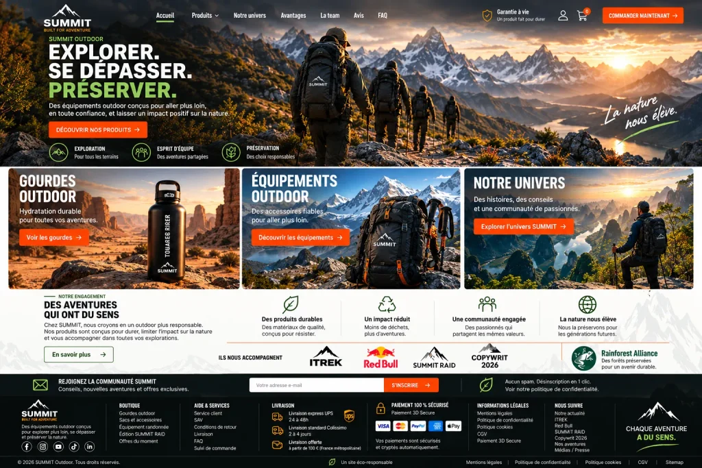 Page d’accueil SUMMIT Outdoor présentant gourdes, équipements de randonnée, univers aventure et engagements écoresponsables