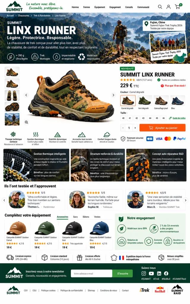 Fiche produit SUMMIT Linx Runner, chaussure de trek légère et durable avec gestion thermique, stabilité dynamique et accroche tout-terrain
